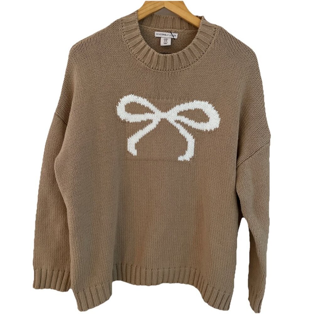 Sincerely Jules Women's Bow Sweater Size Medium Beige Oversized Coquette NWOT - Picture 1 of 8